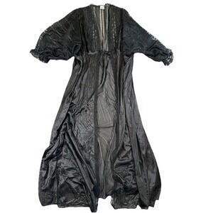 Vtg Jill Andrea Black Sheer Lace Peignoir Robe Long Gown Whimsigoth Coquette Med
